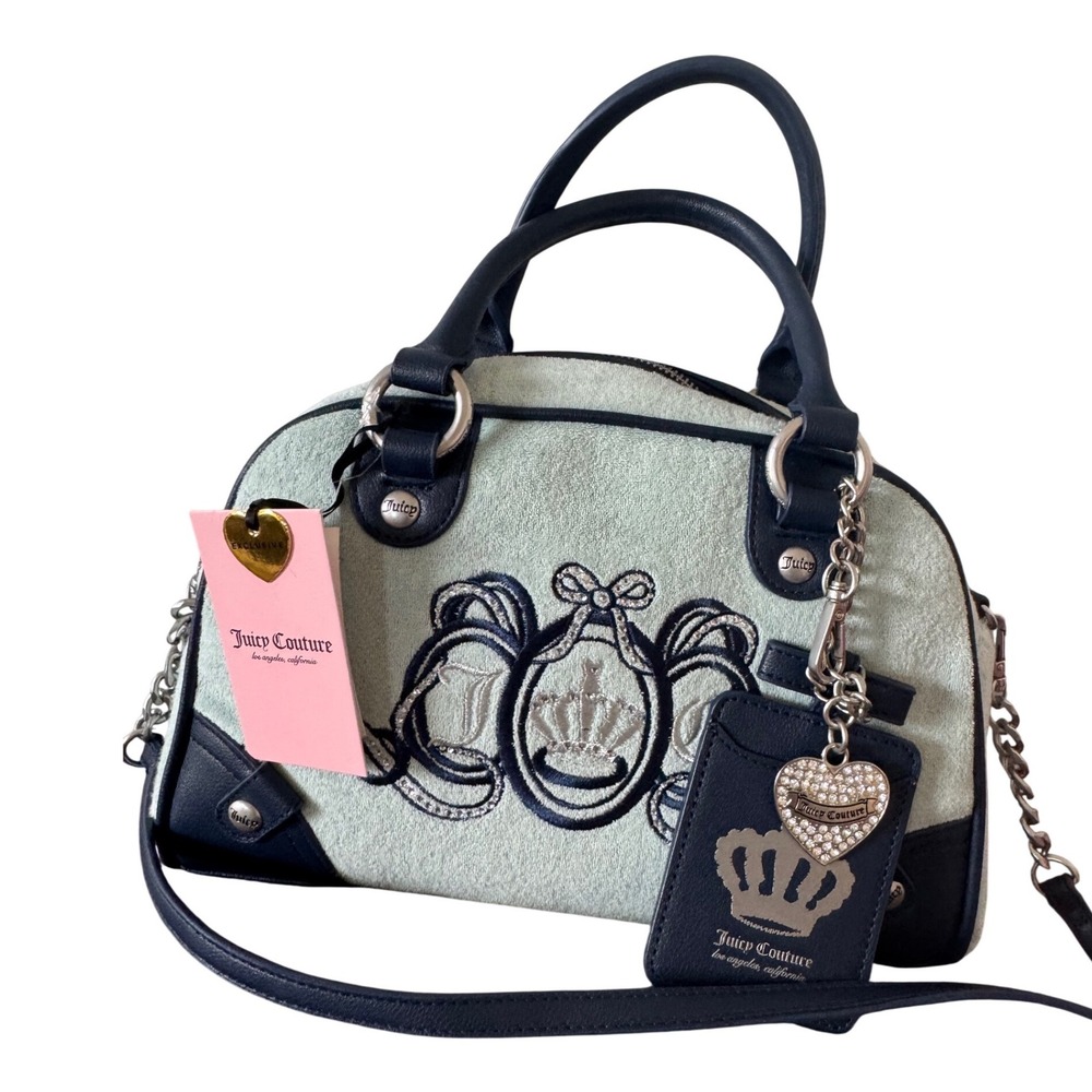 Juicy‎ Couture Navy Light Turquoise Velvet Crown Logo Charm Crossbody Bag NWT